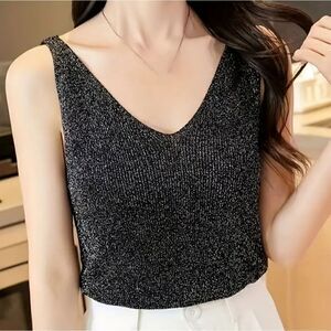 Solid Sequin Knitted Top, V-Neck Sleeveless Casual Top Size M, L, XL
